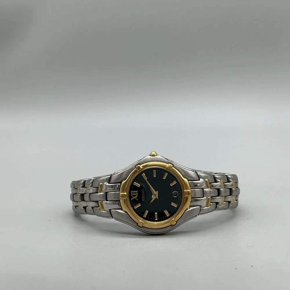 Seiko Womens Watch 26mm Black Dial Two Tone Stainless V789-0369 New Battery 7